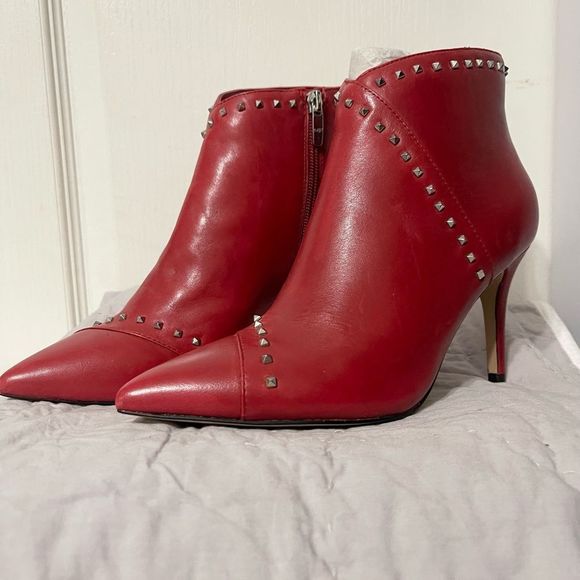 Marc Fisher Shoes - Marc Fisher Size 6.5 Friva Booties Red Leather Zip Studs Heel 3” Pointed Toe